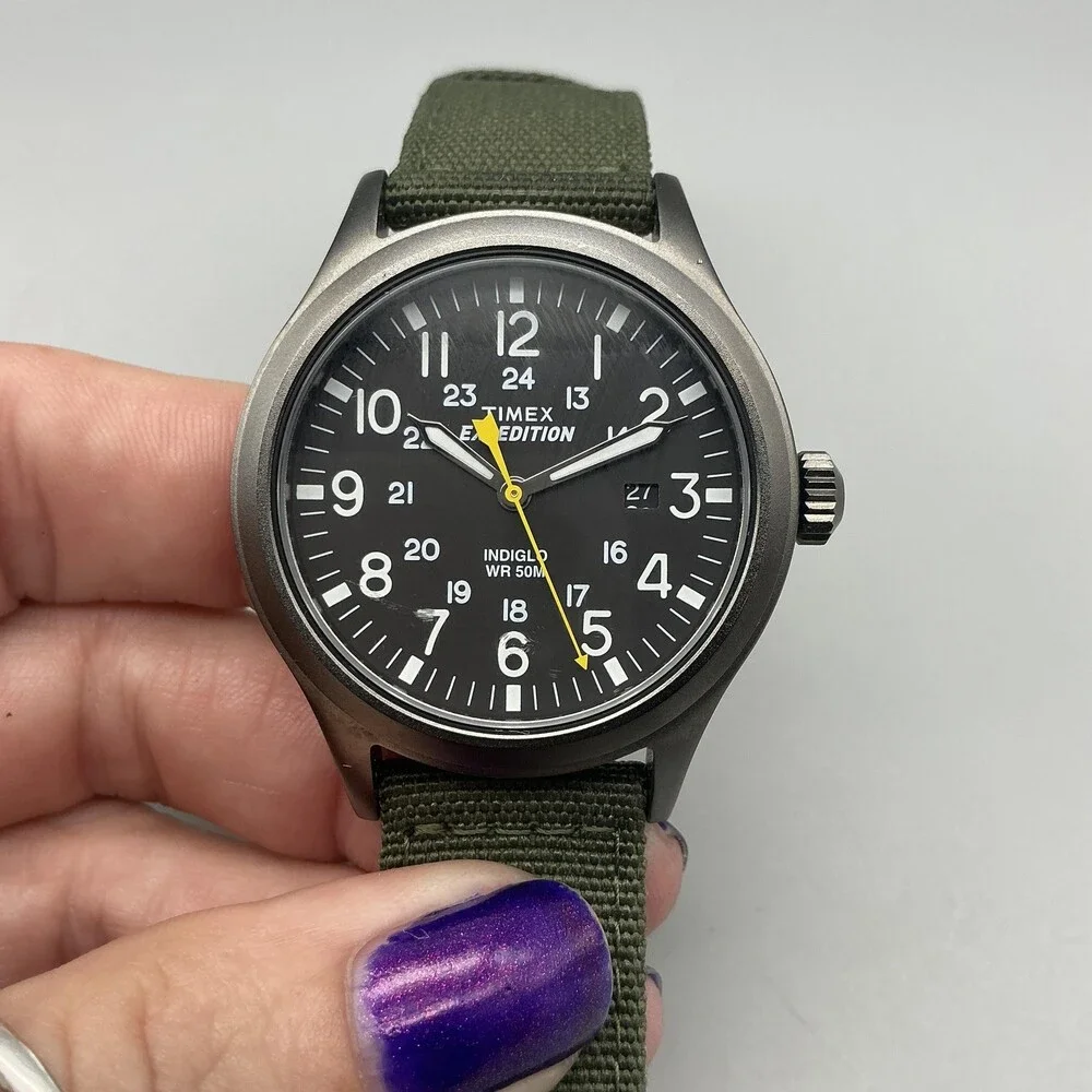Timex Expedition Scout Indiglo Mens Watch 40mm Black Dial Green Band New Battery